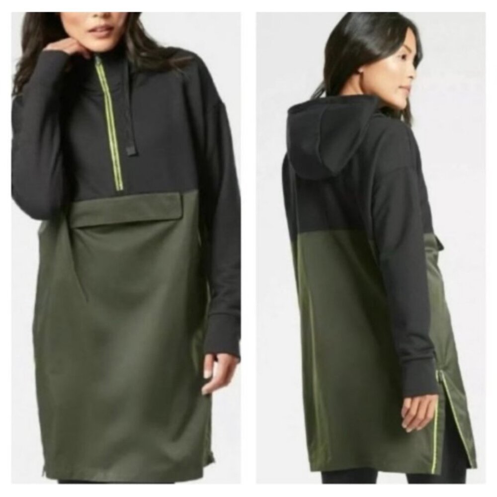 Athleta Radiant Hybrid Army Green Oversized Hoodie Pullover Dress ST